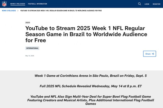 YouTube 将免费播放 NFL 开幕周比赛(图1)